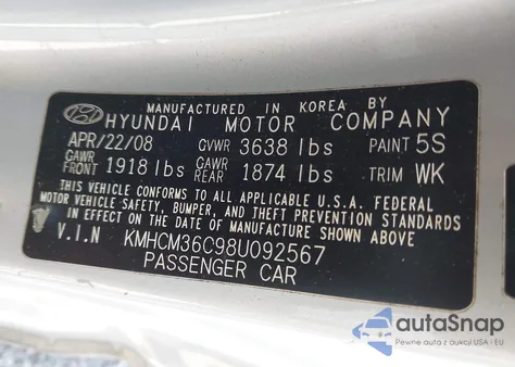 2008 Hyundai Accent Gs from USA, damaged, VIN KMHCM36C98U092567